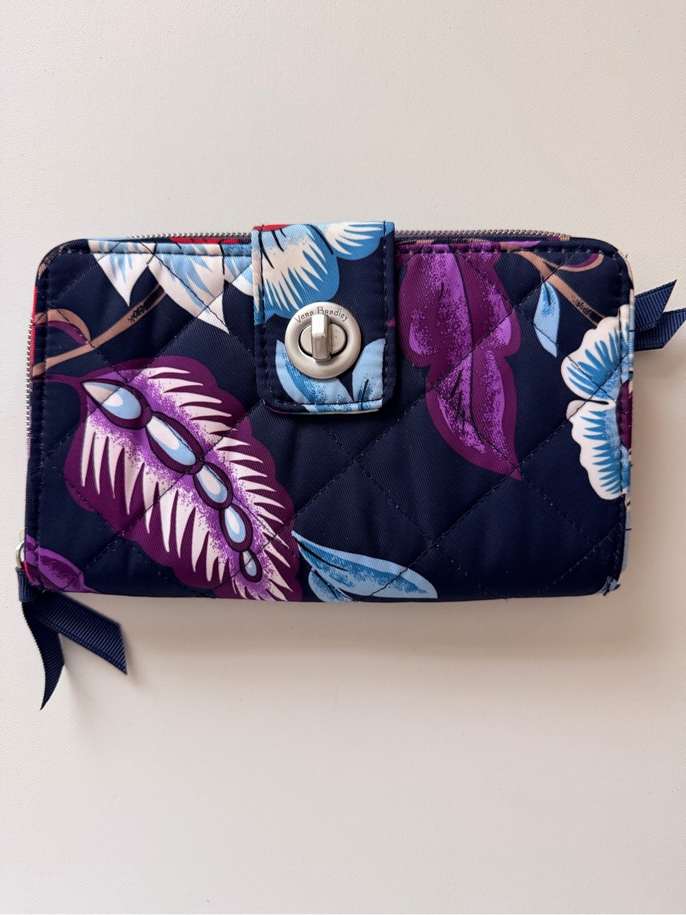 Vera Bradley Navy Floral Quilted Wallet with Purple Accents